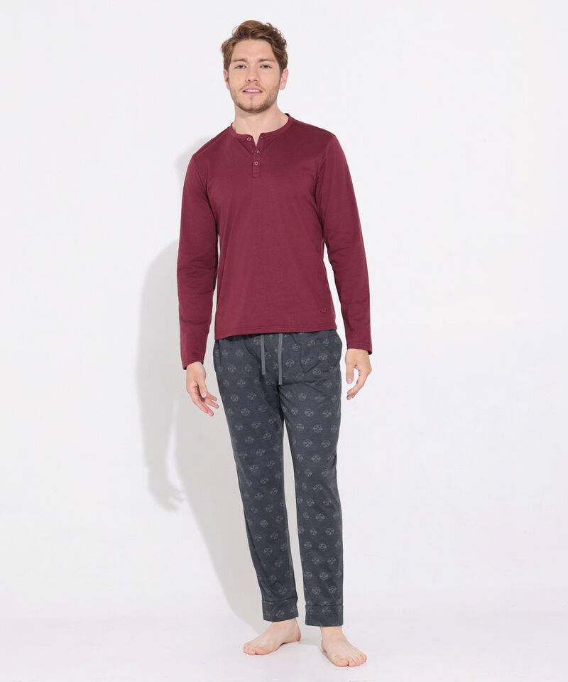 Pijama Camiseta Manga Larga Cuello Henley Unicolor Con Pantalón Estampado