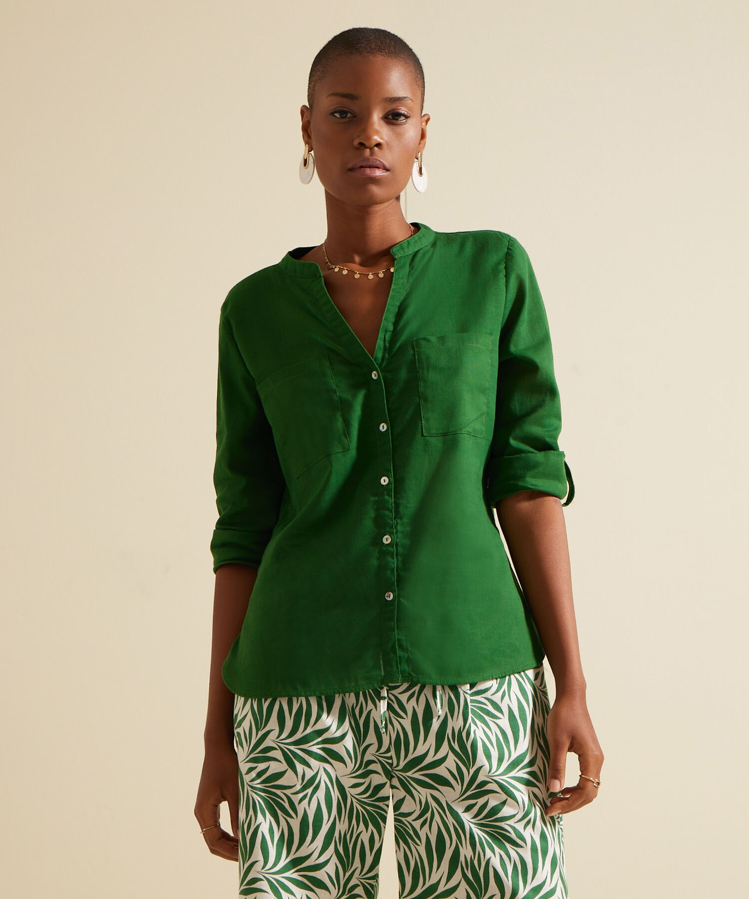 Blusa  Manga Larga Con Bolsillo Unicolor