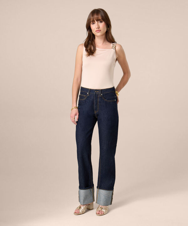Jeans Straight Con Bota Doblada Para Mujer
