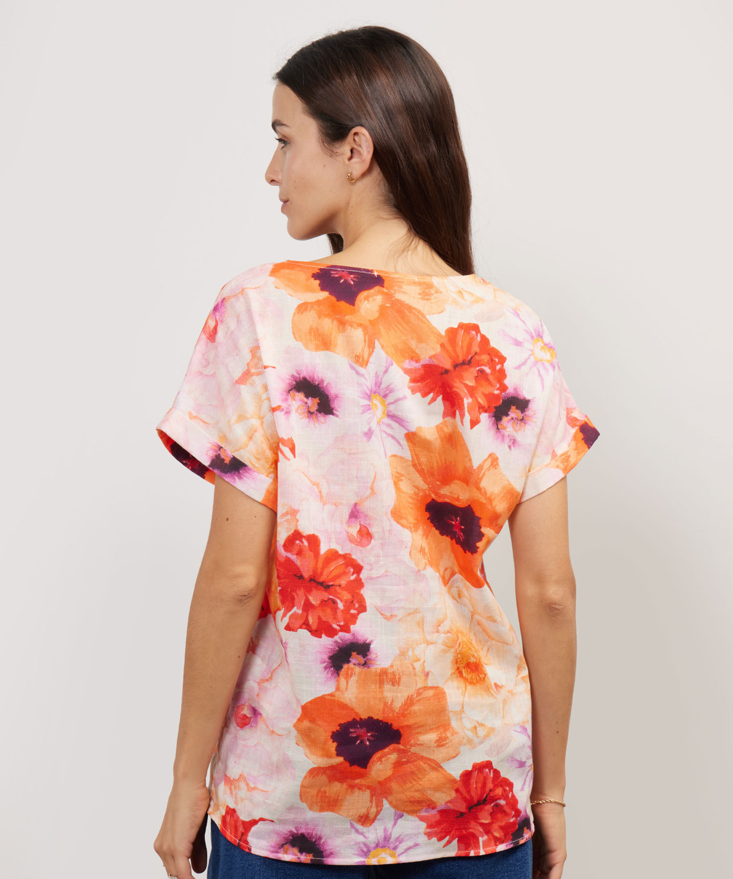 Blusa Manga Corta Con Guardapolvo  En Lino Estampada
