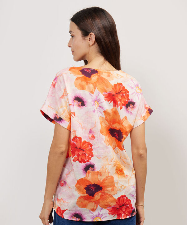 Blusa Manga Corta Con Guardapolvo  En Lino Estampada