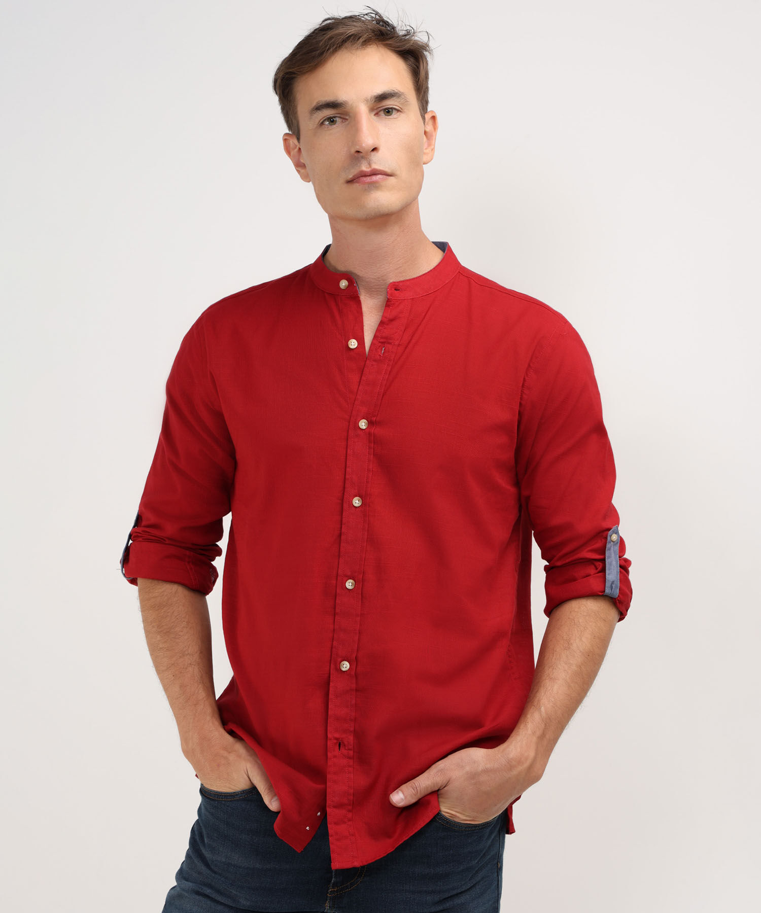 Camisa Manga Larga Cuello Mao Unicolor