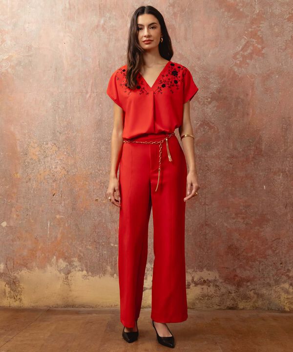 Blusa Con Bordado Frontal Para Mujer Escote V Manga Corta image number null