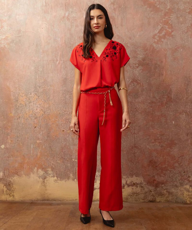 Blusa Con Bordado Frontal Para Mujer Escote V Manga Corta