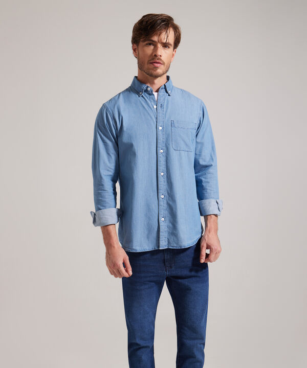 Camisa Con Bolsillo Bicelado Tono Azul Medio