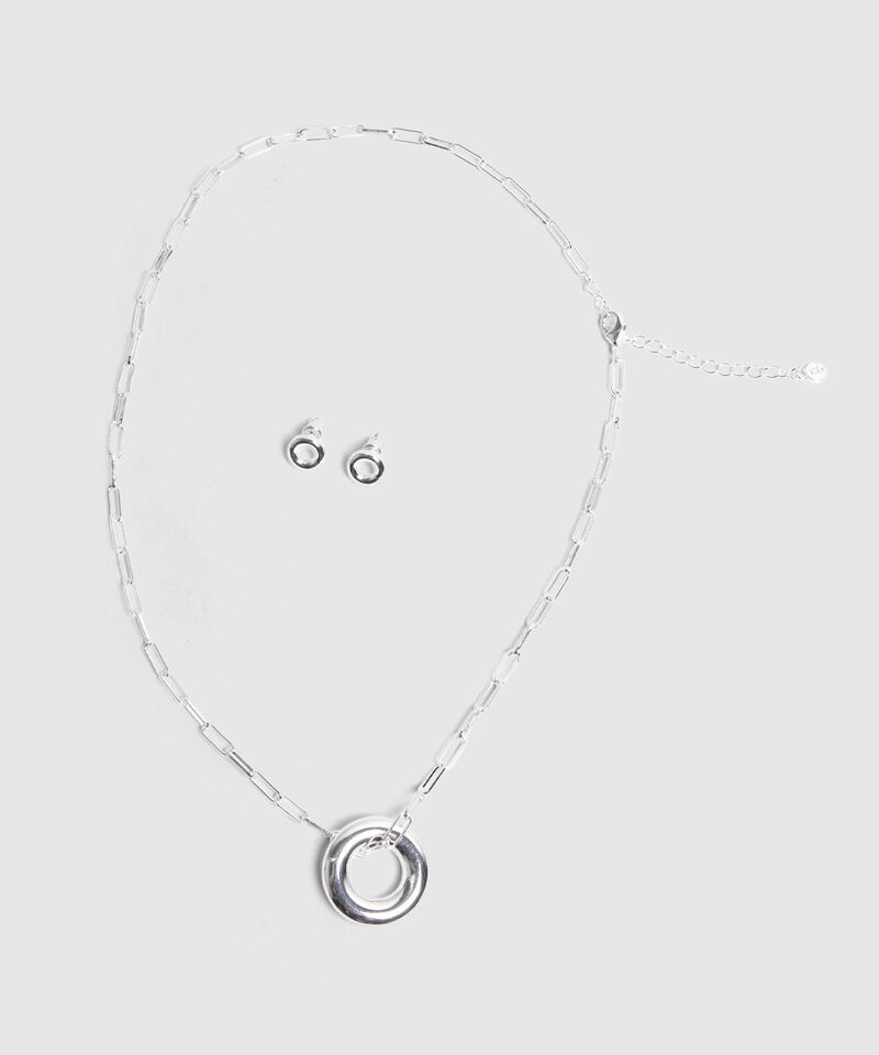 Set Plateado De Collar Y Aretes Con Aros 