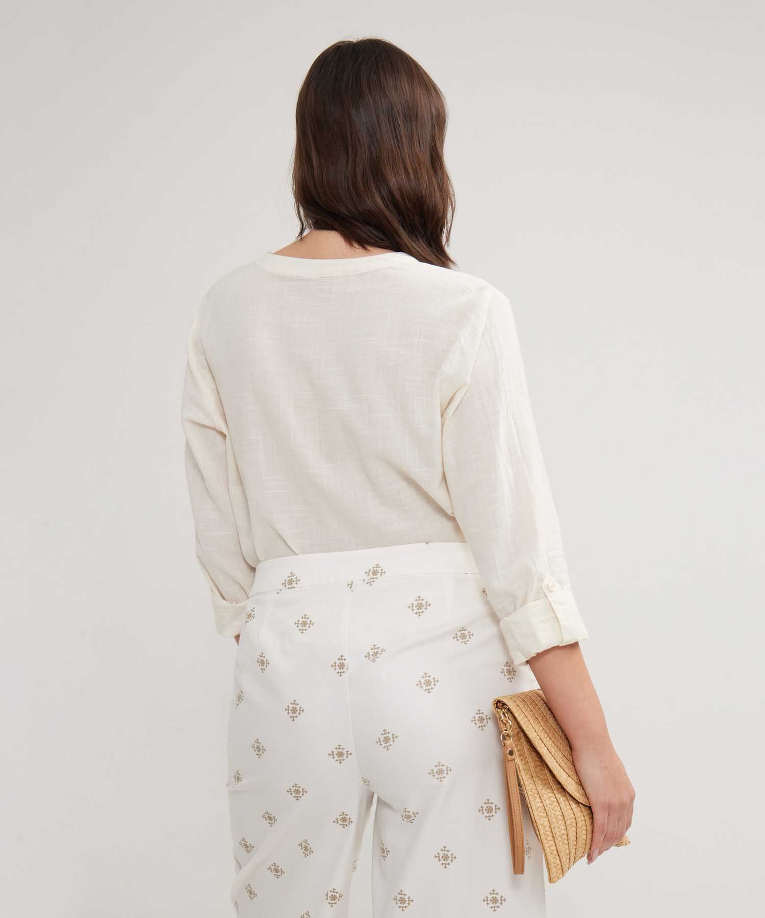 Blusa Manga Larga Unicolor En Lino