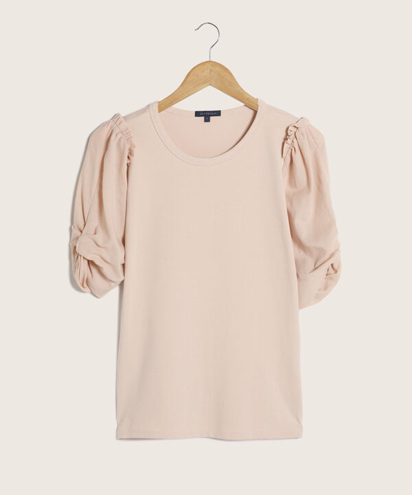 Camiseta Unicolor Cuello Redondo, Manga Corta Tipo Globo Y Anudado Con Bolero En Sisa
