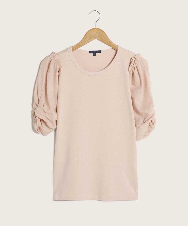 Camiseta Unicolor Cuello Redondo, Manga Corta Tipo Globo Y Anudado Con Bolero En Sisa