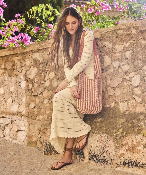 Vestido Largo Tejido Con Calados Para Mujer image number null