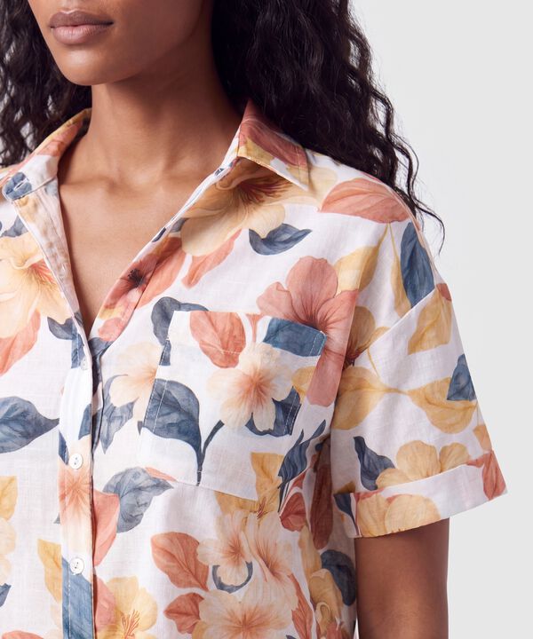 Camisa Manga Corta Estampada Con Bolsillos Para Mujer