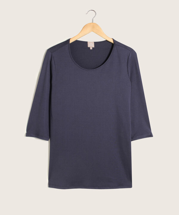 Camiseta Unicolor Con Cuello Redondo Y Manga 3/4, Líneas