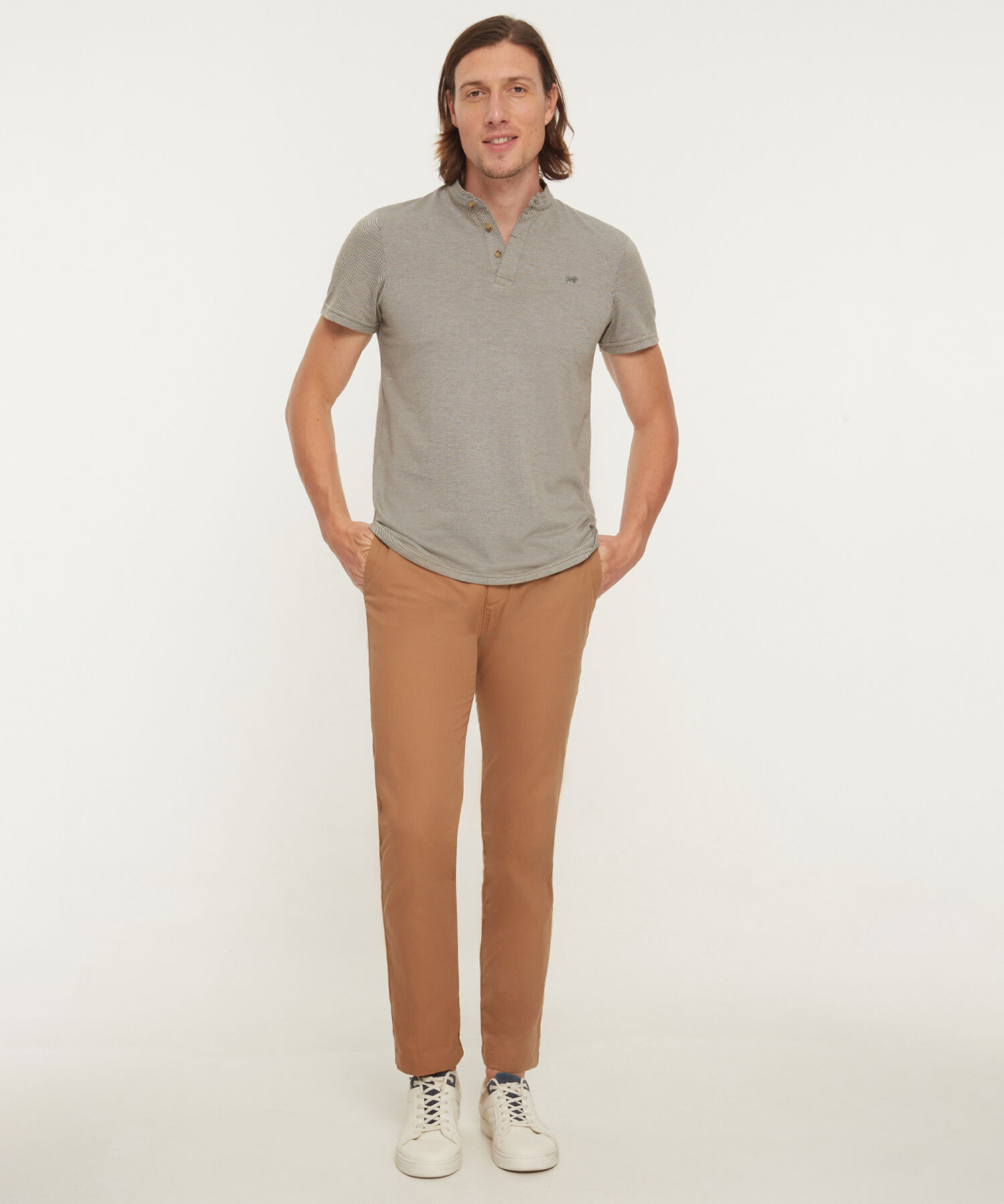 Polo Unicolor Cuello Mao, Pechera Con Botones Ocultos Y Silueta Slim Fit, Cítrico Marinero