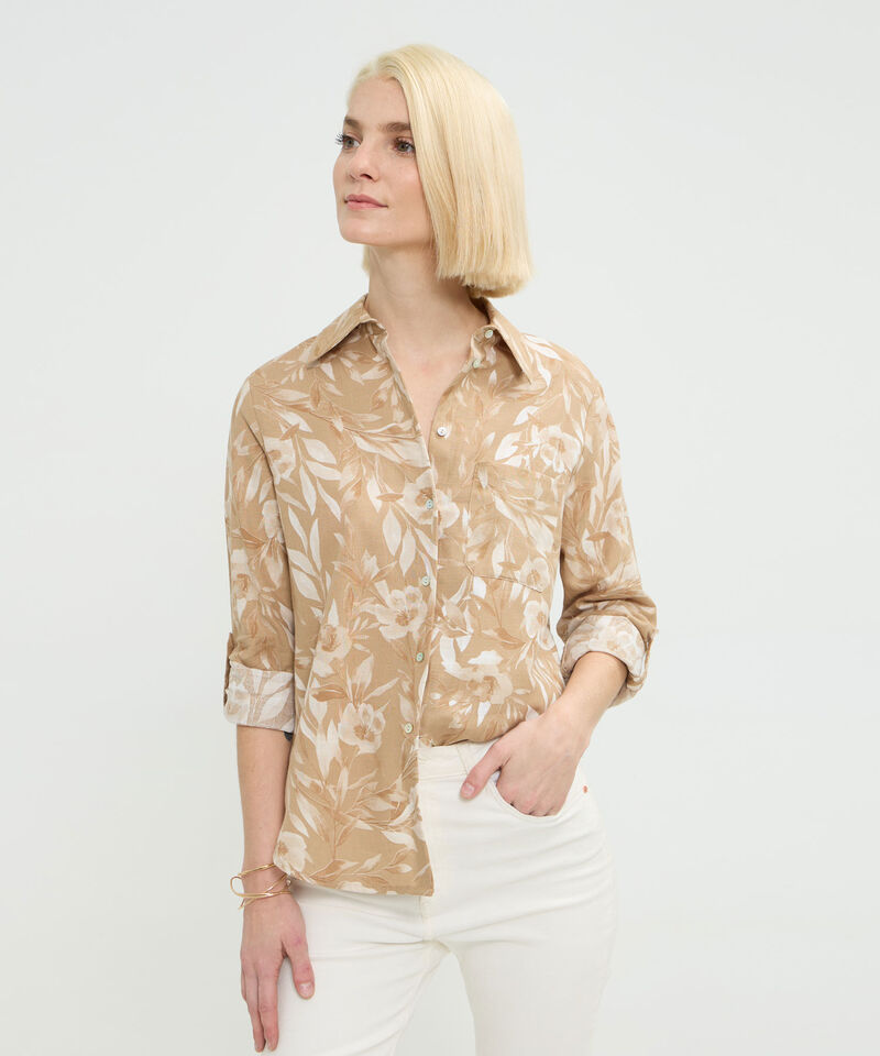 Camisa Manga Larga Con Bolsillo Estampada En Lino