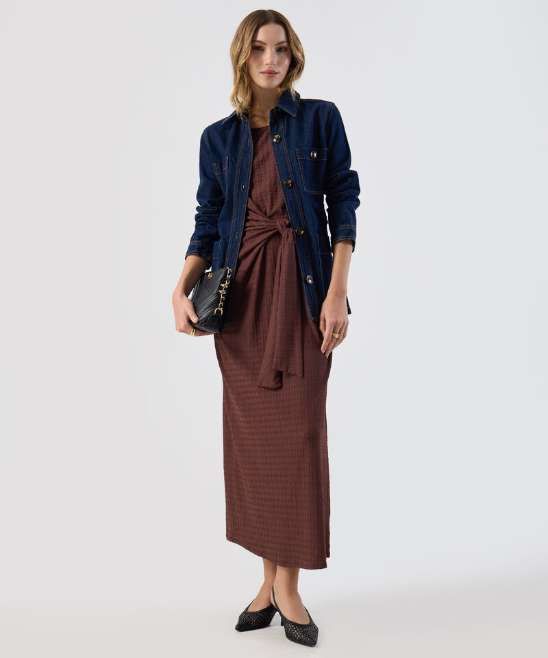 Vestido Para Mujer Midi Textura Nudo Frontal Elegante