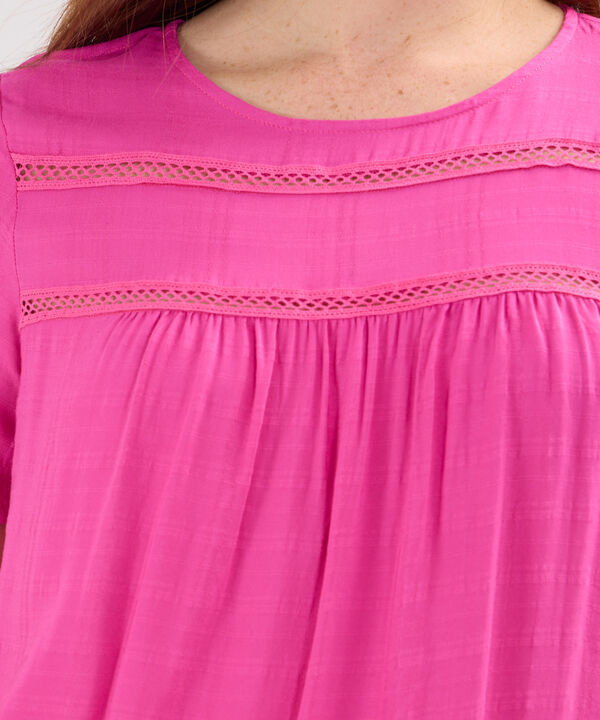 Blusa Unicolor Manga Corta, Escote Redondo Con Encaje Y Recogido Sutil image number null