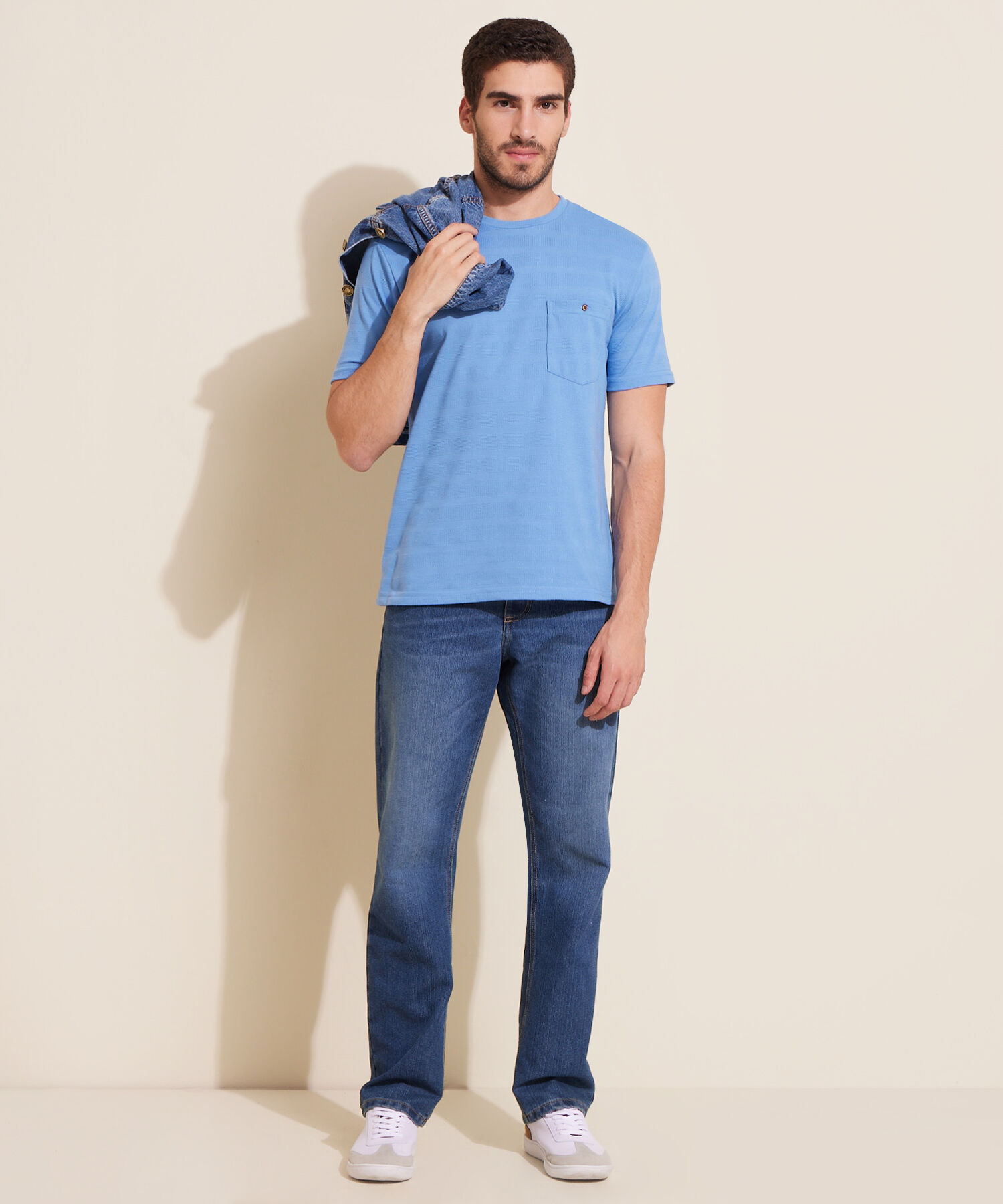 Camiseta Unicolor, Cuello Redondo Con  Bolsillo De Parche