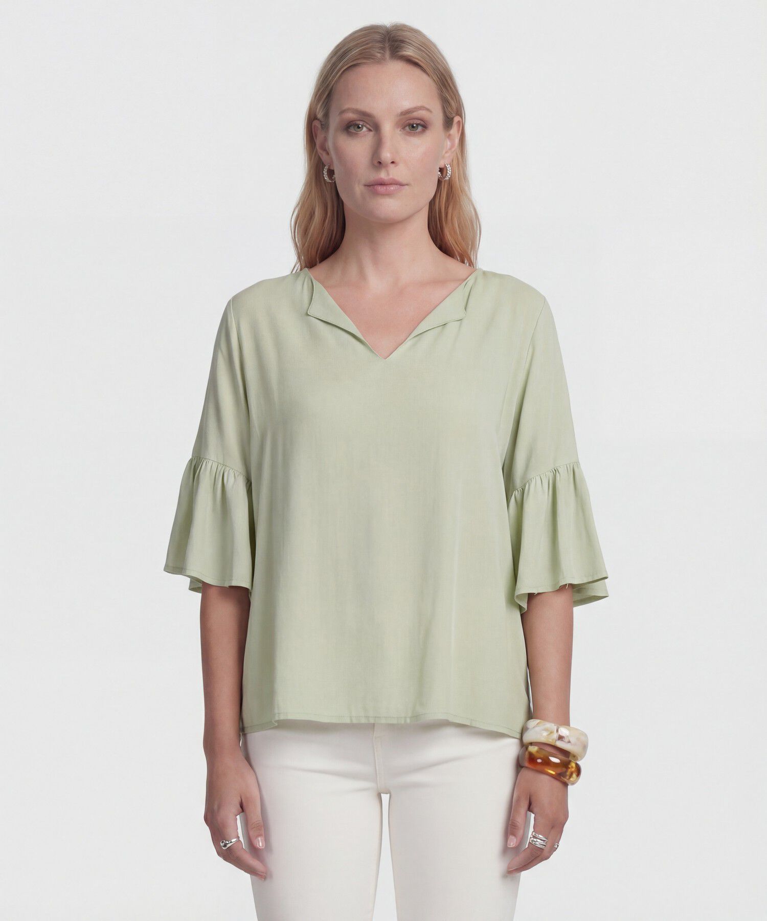 Blusa Cuello En V Con Manga Volante Mujer