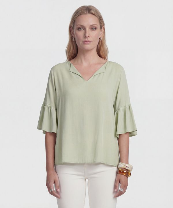 Blusa Cuello En V Con Manga Volante Mujer