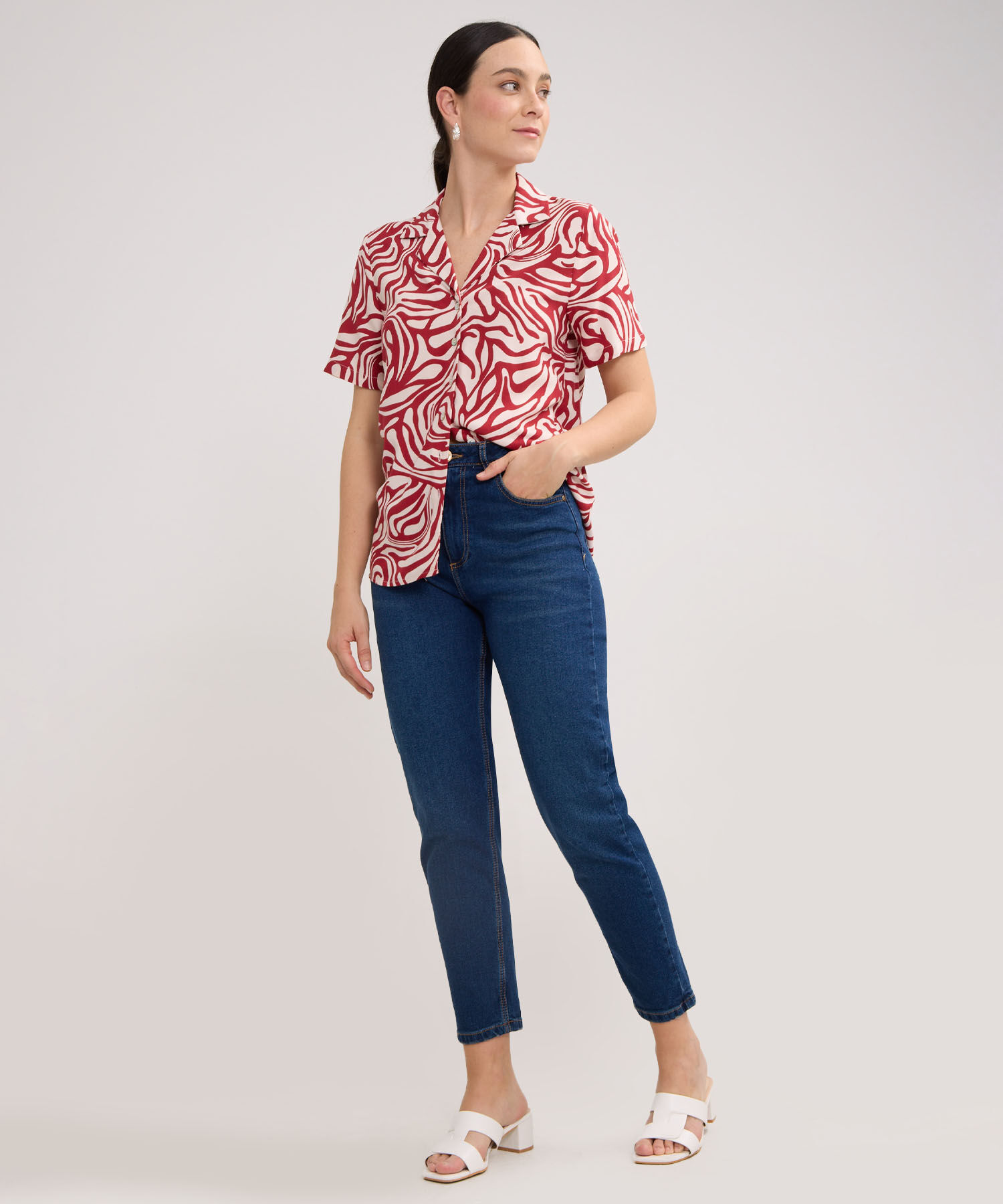 Camisa Estampada, Manga Corta, Cuello Camisero