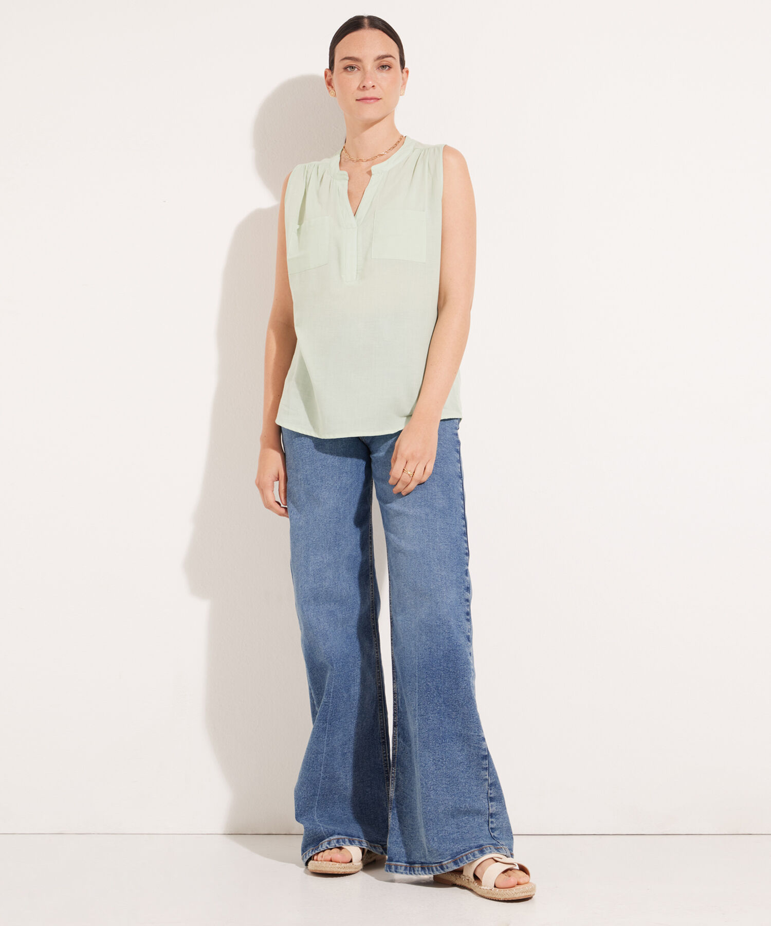 Blusa Unicolor Manga Sisa, Con Bolsillo