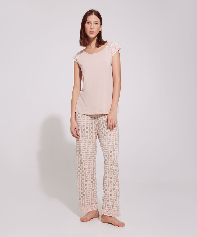 Pijama Set Camiseta Manga Corta Unicolor Con Encaje Y Pantal&oacute;n Estampado Con Encaje