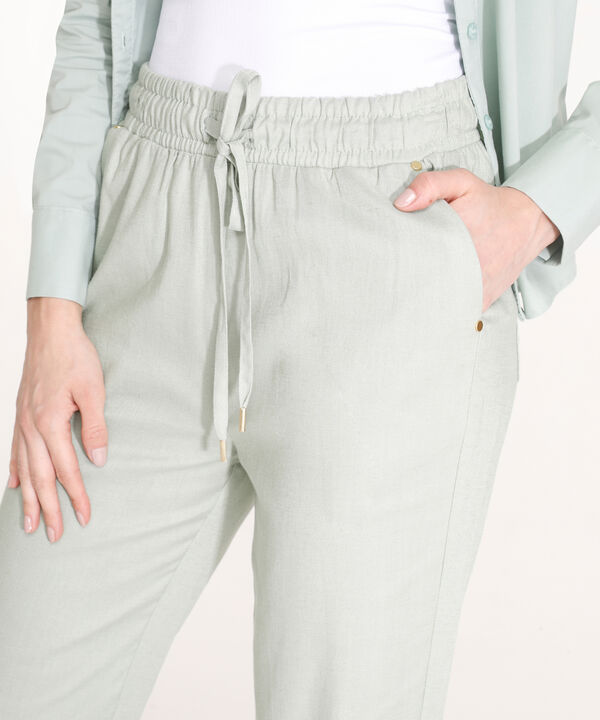 Pantalon Moda Unicolor, Pretina Resortada En Lino, Lineas