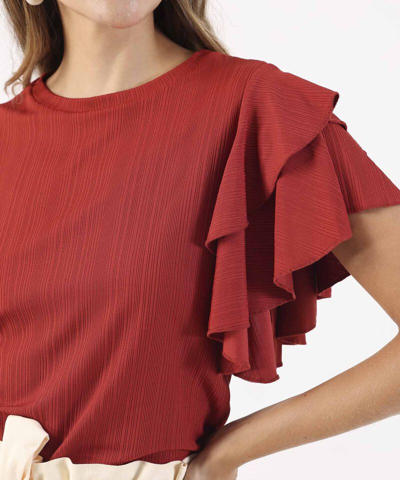 Camiseta Unicolor Textura Manga Corta Con Boleros, Tr&oacute;pico Floral