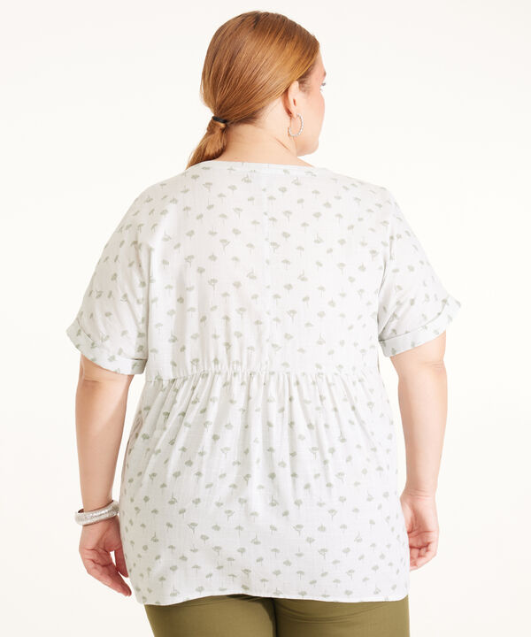 Blusa Estampada Manga Corta Con Guardapolvo, Cuello Redondo, Cuello En V Y Corte En Espalda Con Recogido Leve