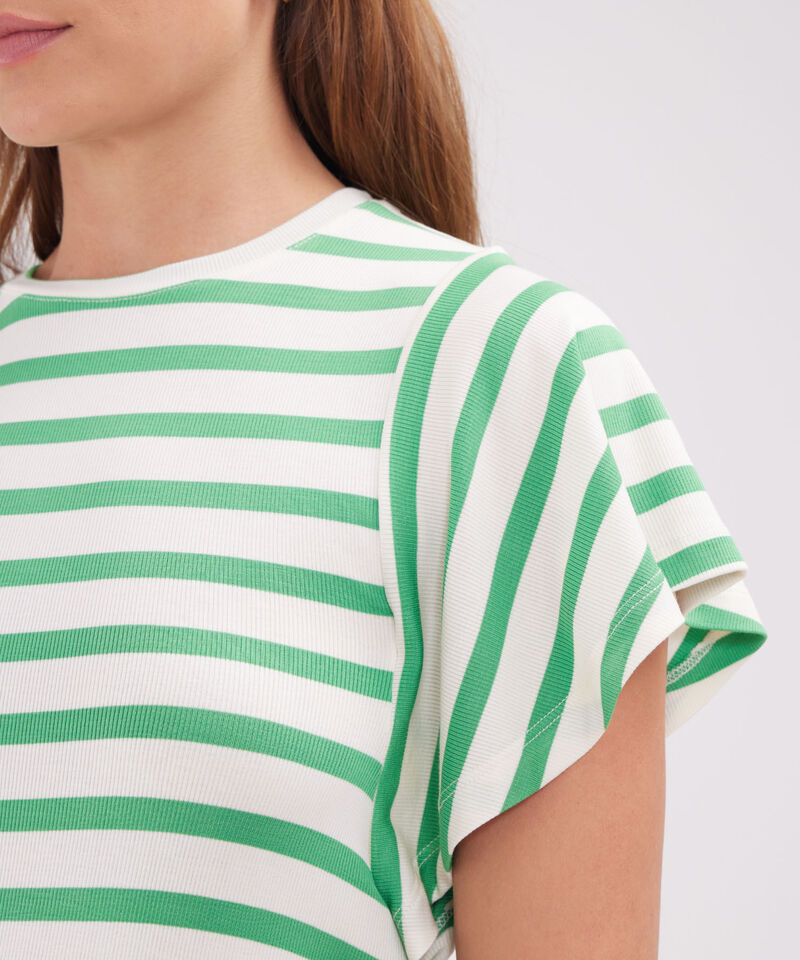 Camiseta Preteñida, Cuello Redondo Manga Corta Con Vuelo