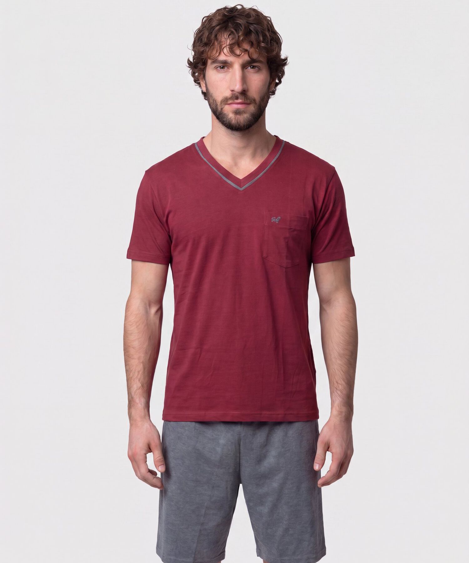 Pijama Manga Corta, Camiseta Cuello V Con Bies En Contraste En Cuello Pantaloneta Unicolor