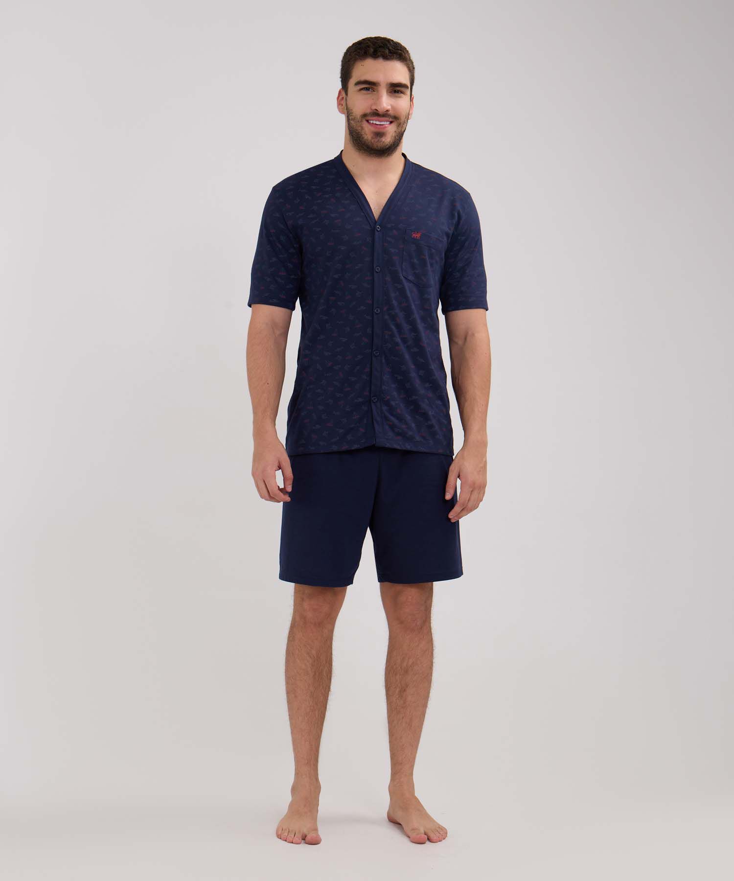Pijama Manga Corta Camisa Estampada Con Pechera Y Pantalontea Unicolor
