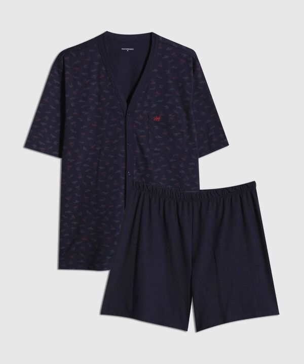 Pijama Manga Corta Camisa Estampada Con Pechera Y Pantalontea Unicolor