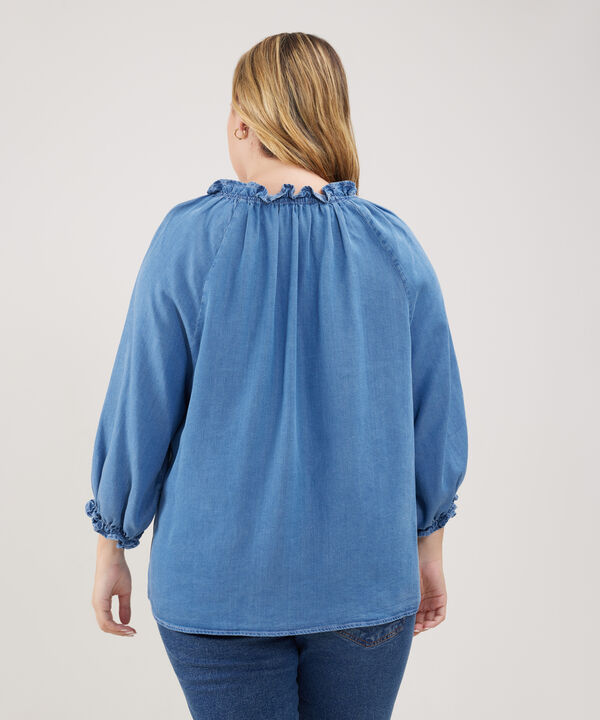 Blusa Tono Azul Medio Claro Con Elastico En Puños Y Cordón En Tela Cuerpo