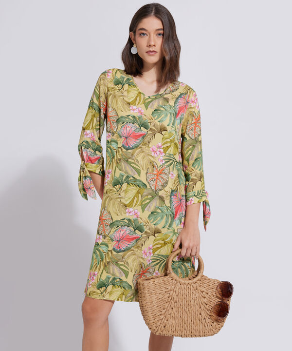 Vestido Estampado Manga 3/4 Con Anudado