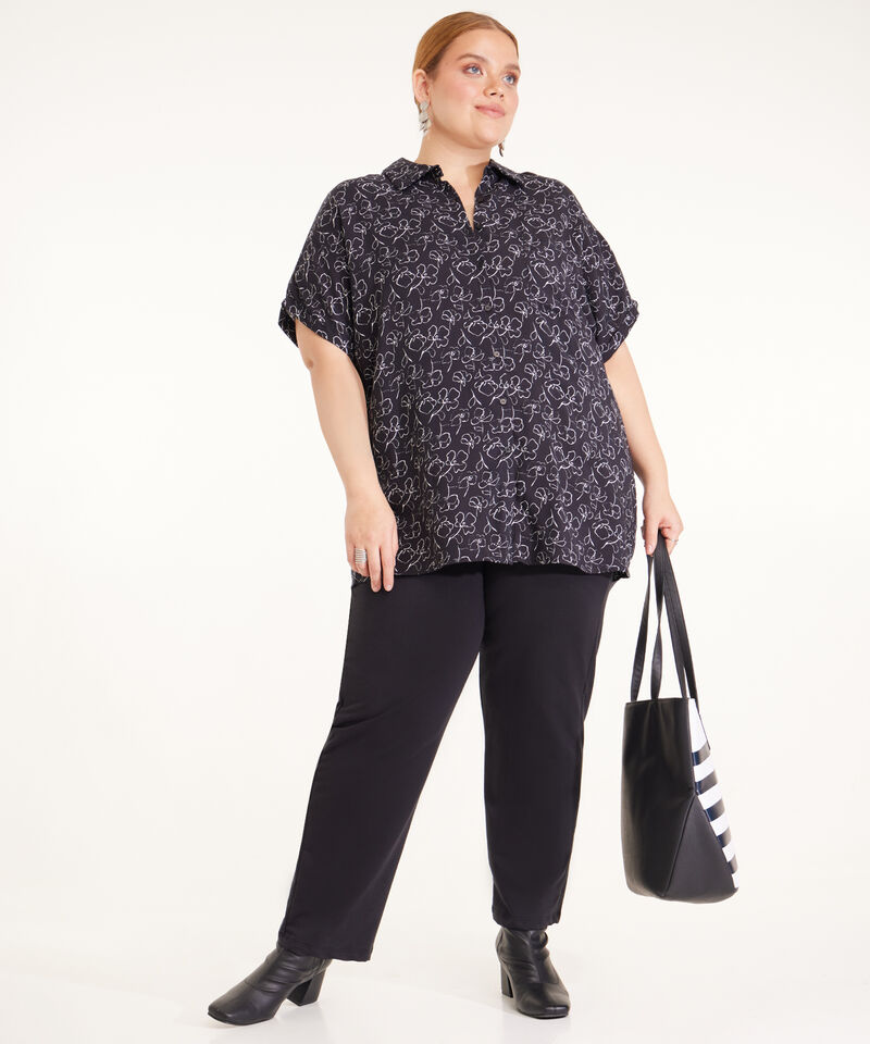 Blusa Estampada Manga Corta,  Cuello Camisero Con Pechera Y Bolsillo Cuadrado De Parche