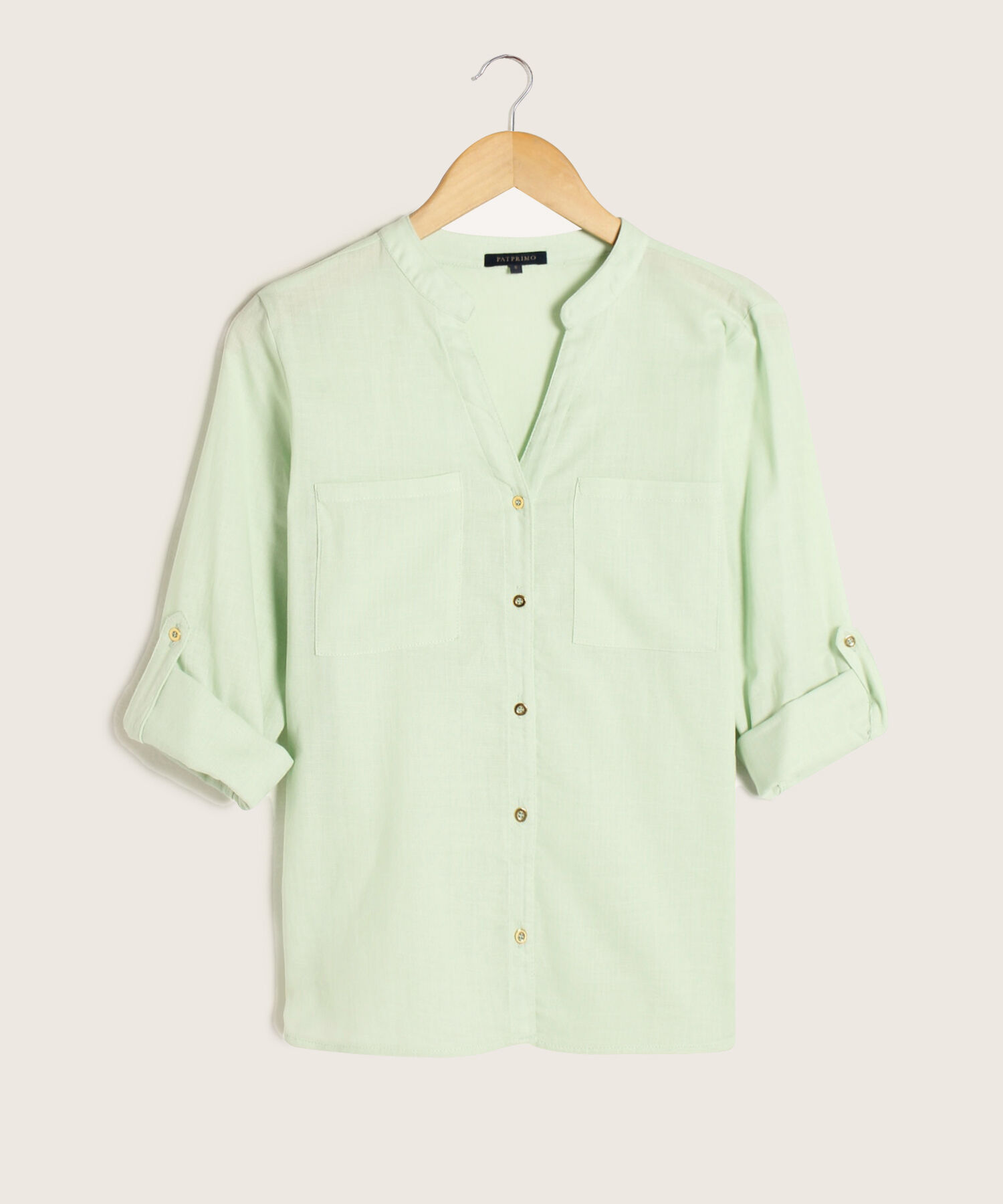 Blusa Unicolor, Manga Larga Con Charretera, Cuello En V Con Cuello Neru Y Bolsillos