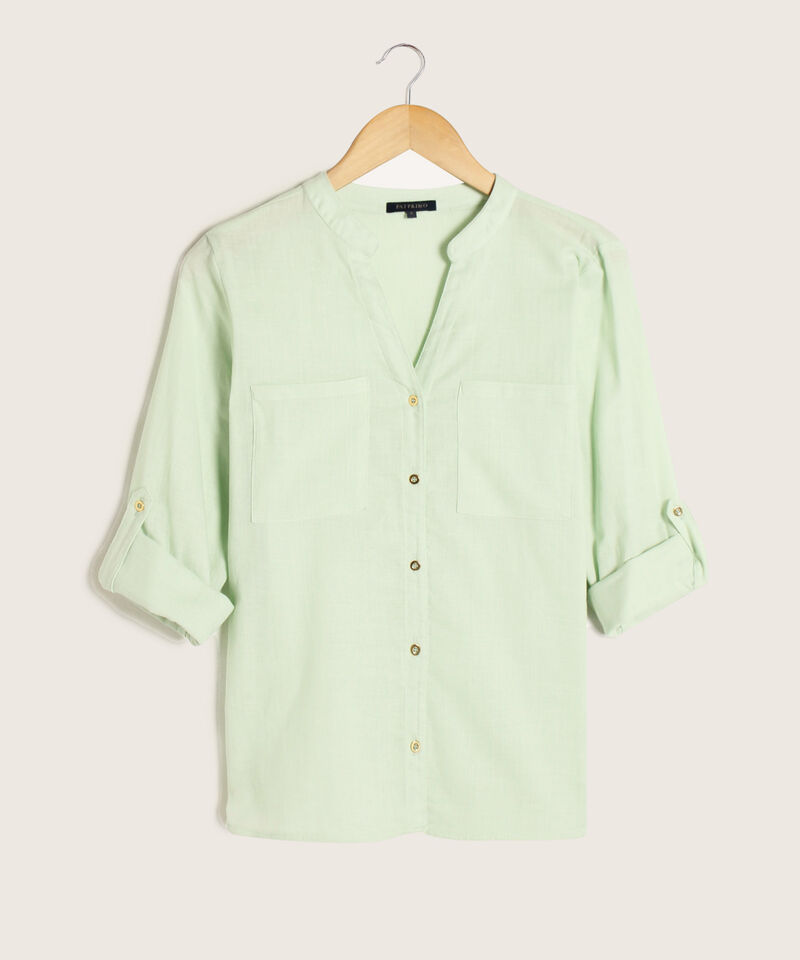 Blusa Unicolor, Manga Larga Con Charretera, Cuello En V Con Cuello Neru Y Bolsillos