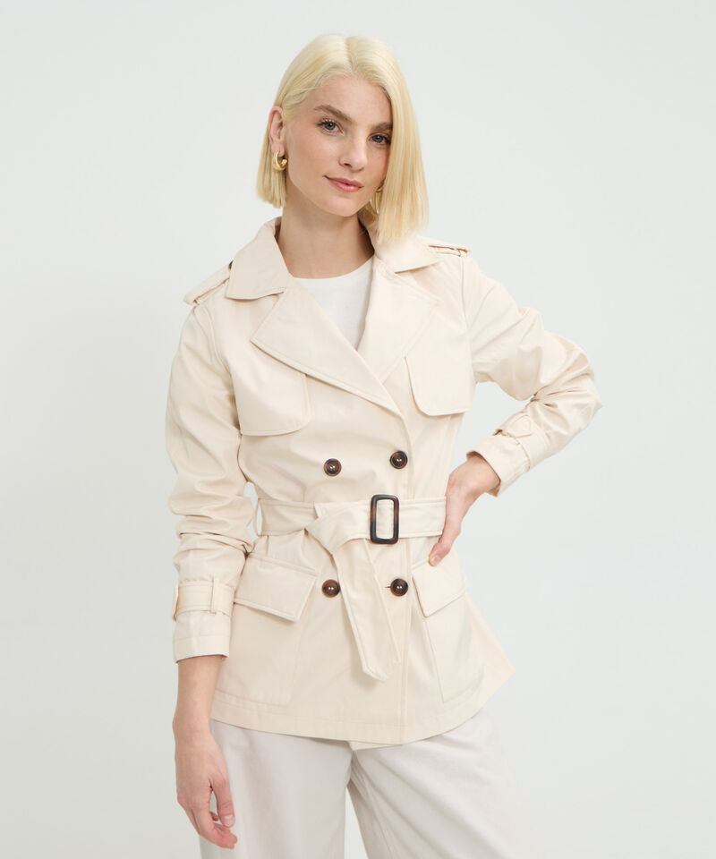 Chaqueta Tipo Trench Unicolor Con Cinturon