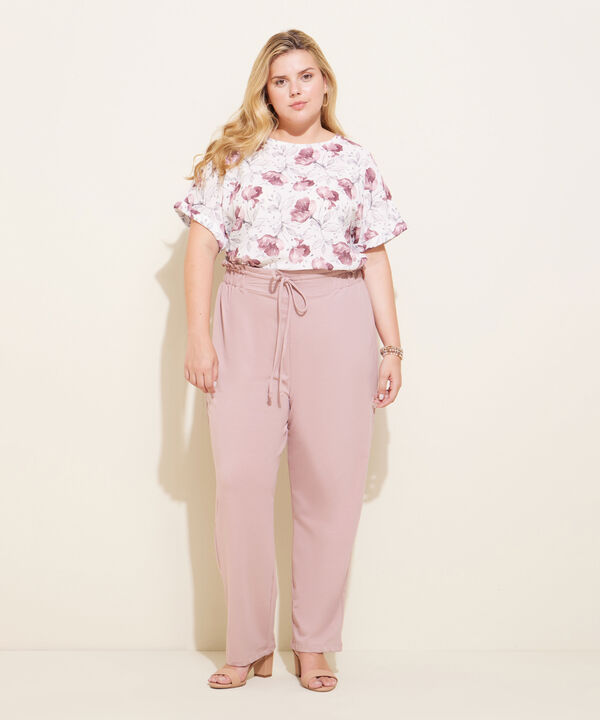 Pantalón Unicolor, Bota Recta Con Tiro Alto, Cintura Elástica, Cordón Ajustable Y Silueta Fluida