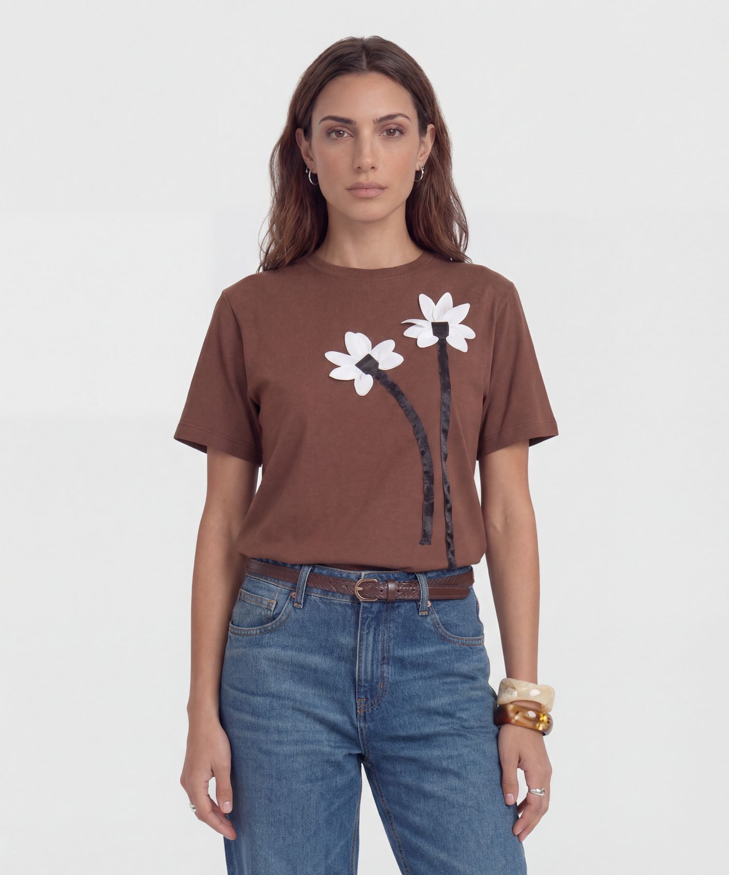 Camiseta con Apliques de Flores Para Mujer