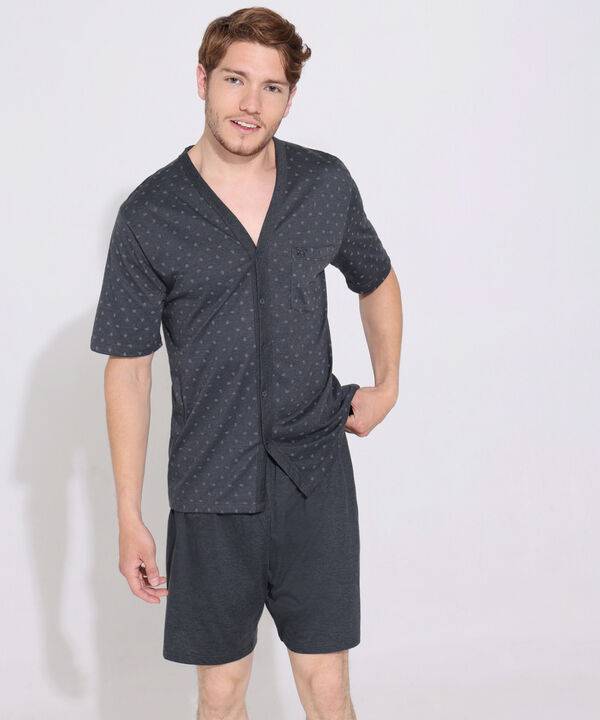Pijama Set De Camiseta Manga Corta Abierta Estampada Y Bermuda Unicolor