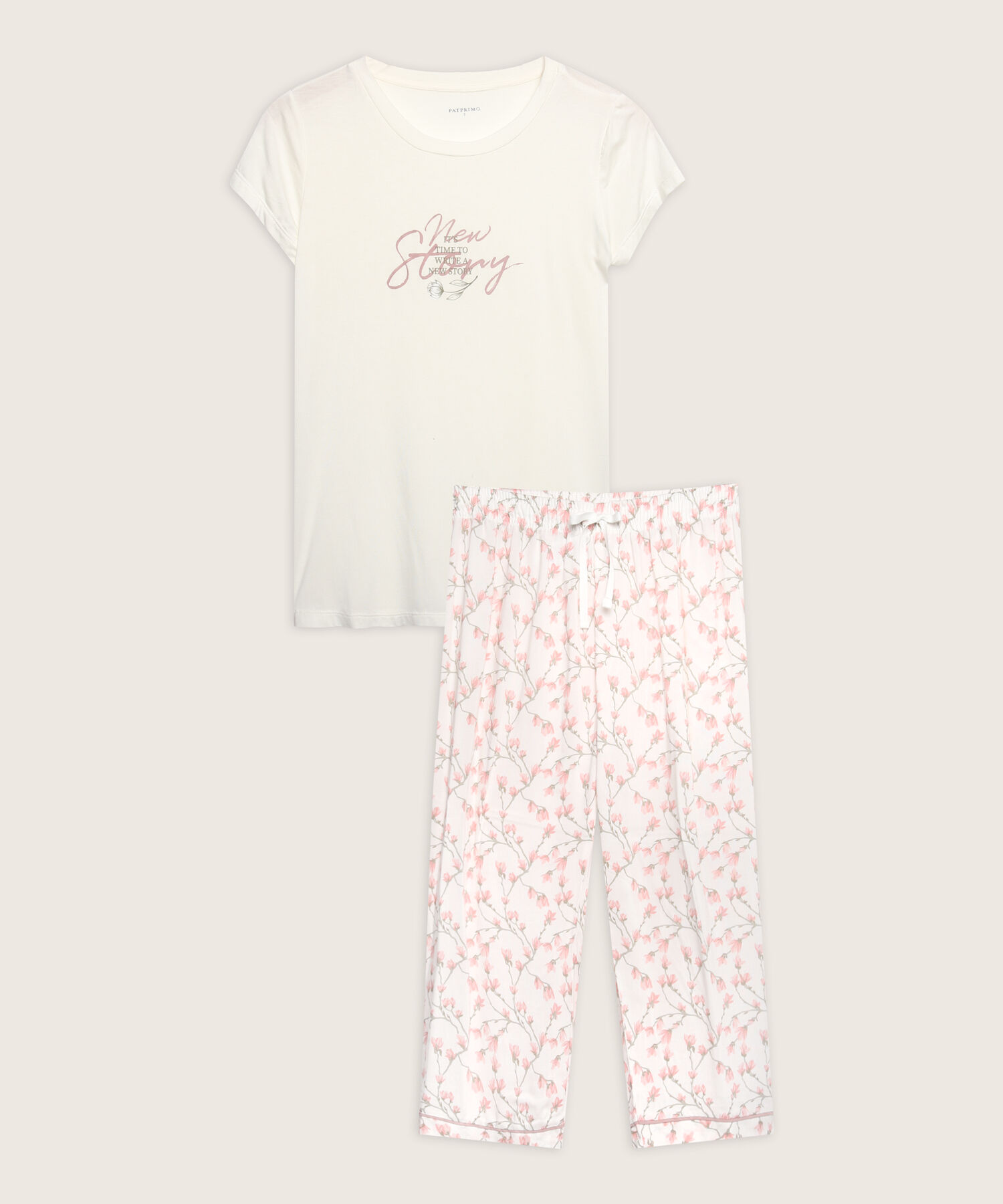 Pijama  Camiseta Manga Corta Unicolor Con Pantalón Capri Estampado