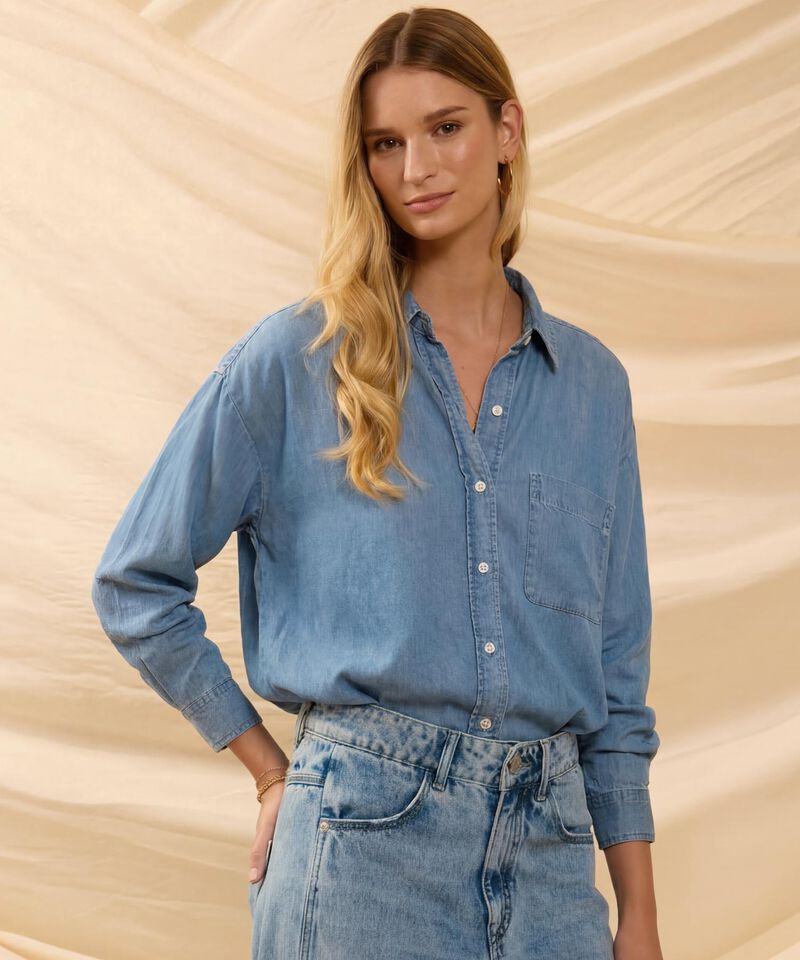 Camisa Denim Fluida De Hombro Ca&iacute;do Para Mujer