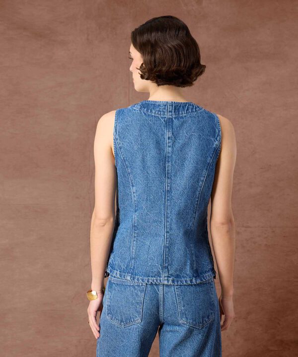 Chaleco Denim con Escote V y Bordado Para Mujer