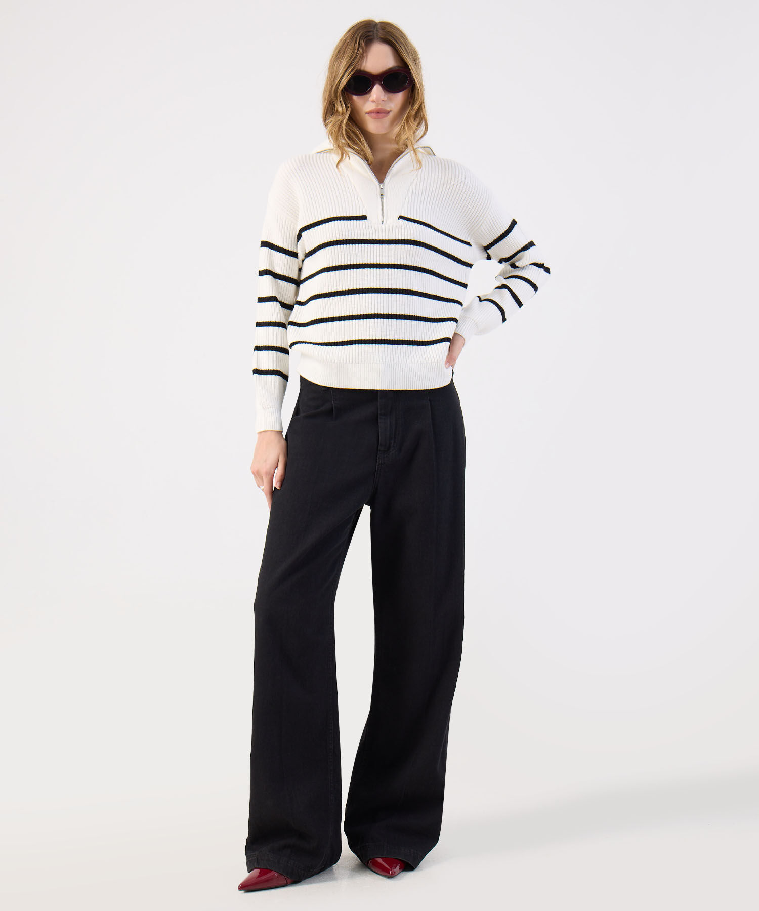 Saco Rayas Náutico Cuello Zip Moderno Para Mujer