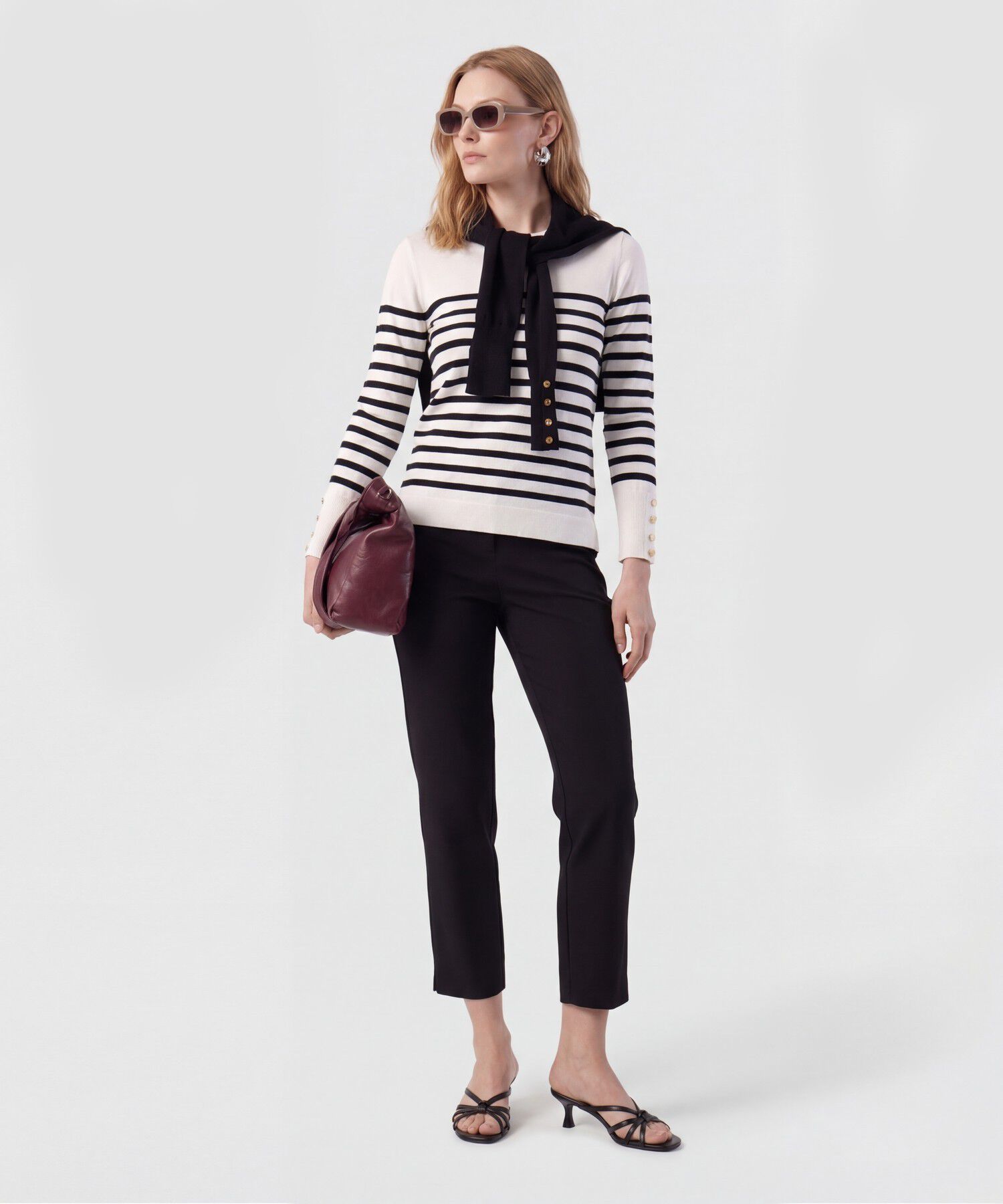 Saco De Punto A Rayas Con Botones En Pu&ntilde;o Mujer