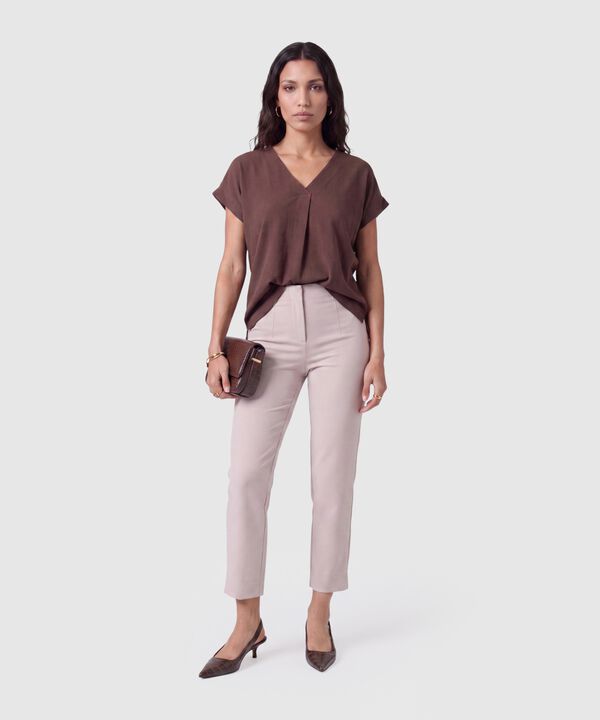 Blusa Con Cuello En V Y Pliegue Mujer
