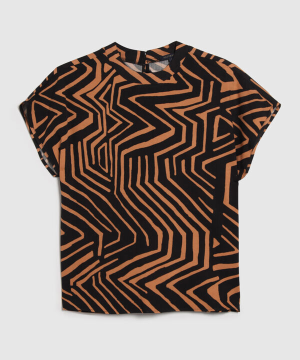 Blusa Estampada, Manga Corta Rodada Cuello Halter Con Botones, Serena