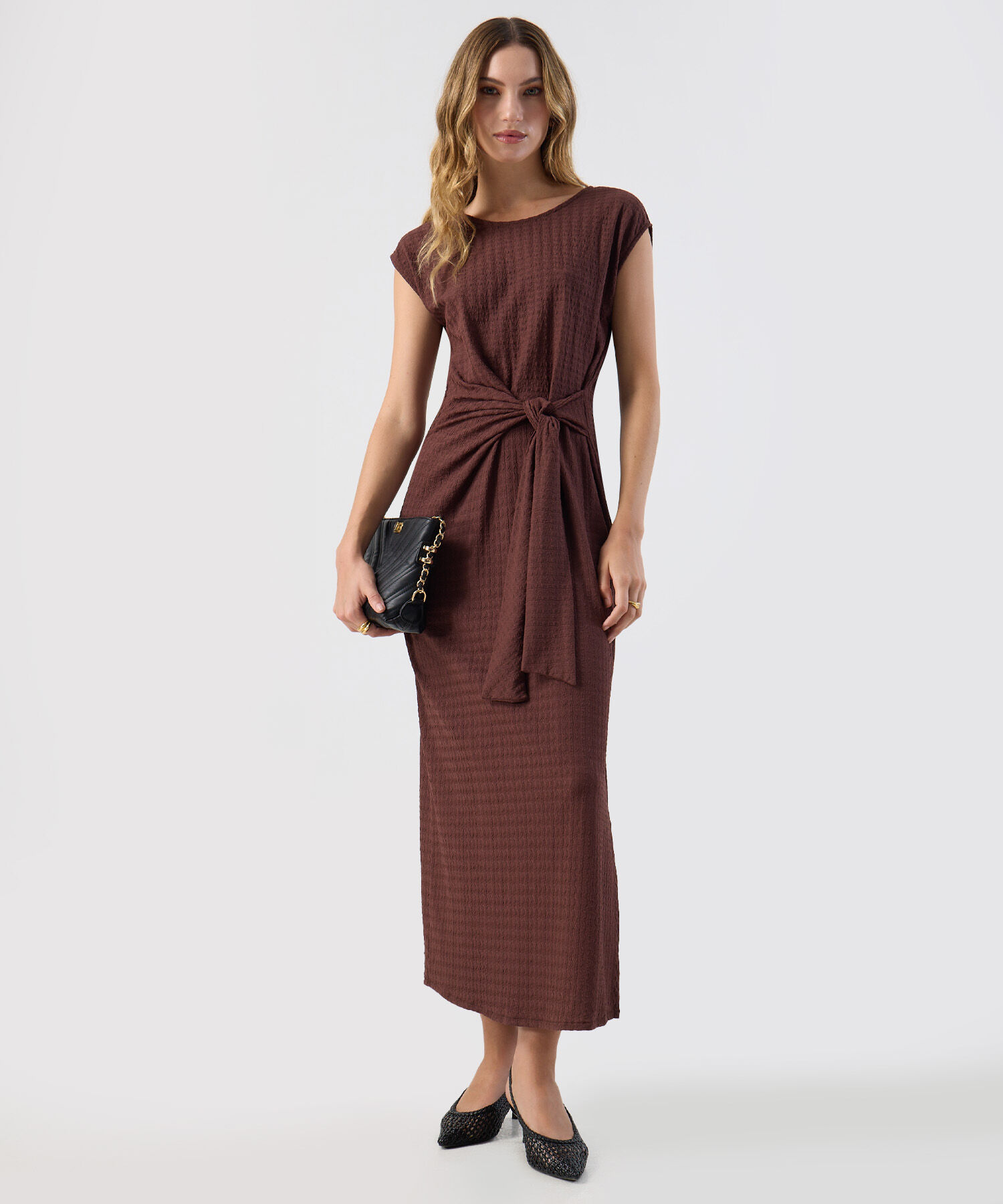 Vestido Para Mujer Midi Textura Nudo Frontal Elegante